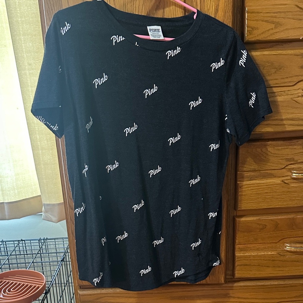 PINK Victoria's Secret Black Tee with Logo Pattern